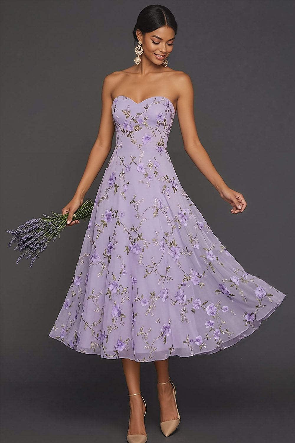 Lilac Floral Strapless A Line Long Wedding Guest Dress