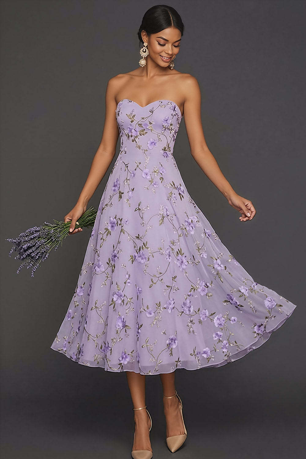 Lilac Floral Strapless A Line Long Wedding Guest Dress