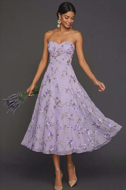 Lilac Floral Strapless A Line Long Wedding Guest Dress