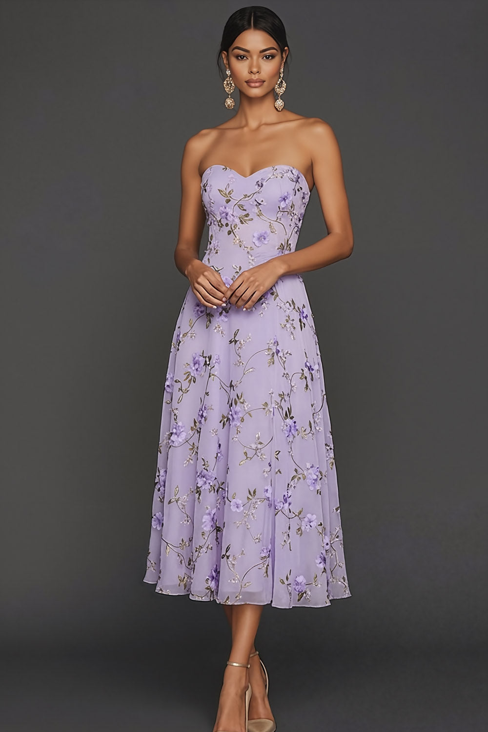 Lilac Floral Strapless A Line Long Wedding Guest Dress