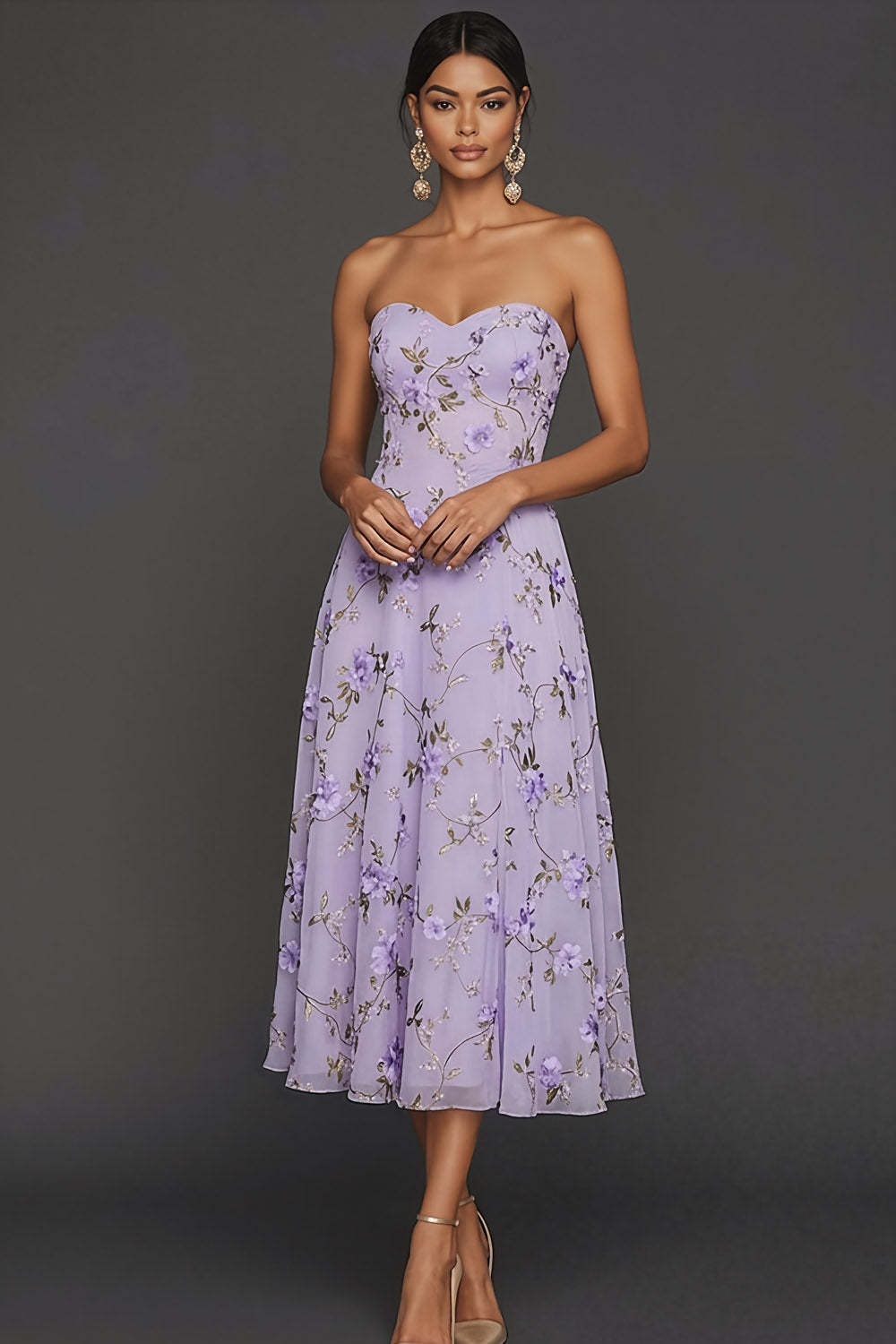 Lilac Floral Strapless A Line Long Wedding Guest Dress