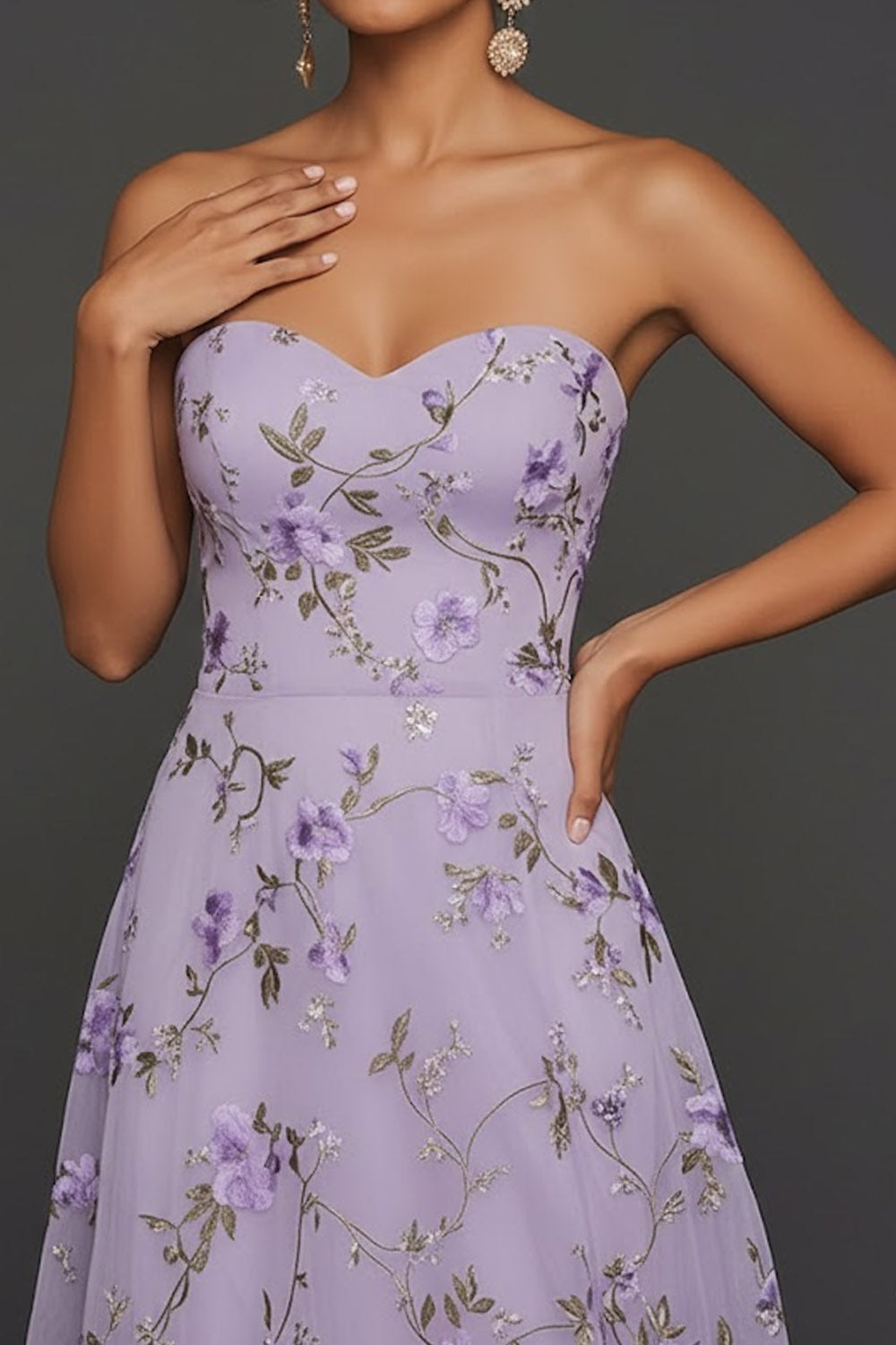 Lilac Floral Strapless A Line Long Wedding Guest Dress