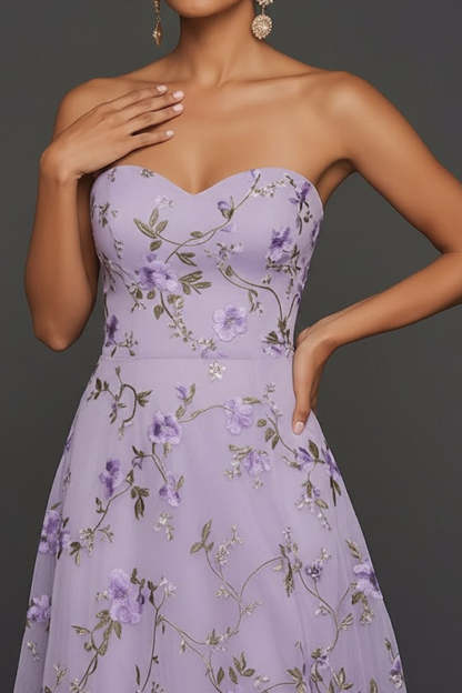 Lilac Floral Strapless A Line Long Wedding Guest Dress