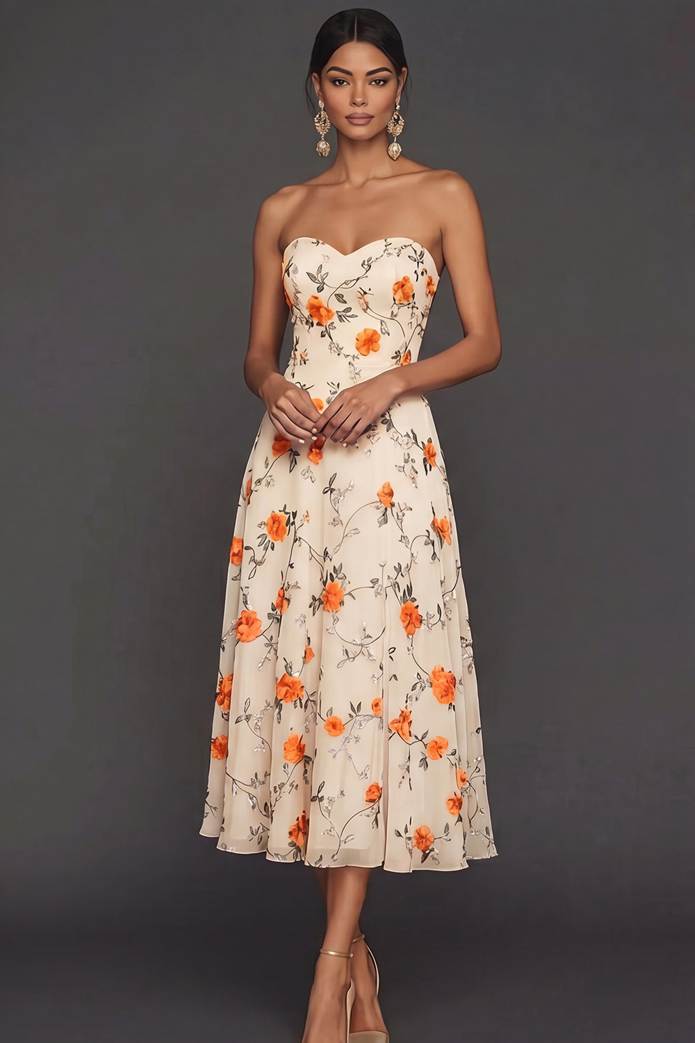 Leely Women Lilac Floral Strapless A Line Long Wedding Guest Dress Backless Sleeveless Prom Dress