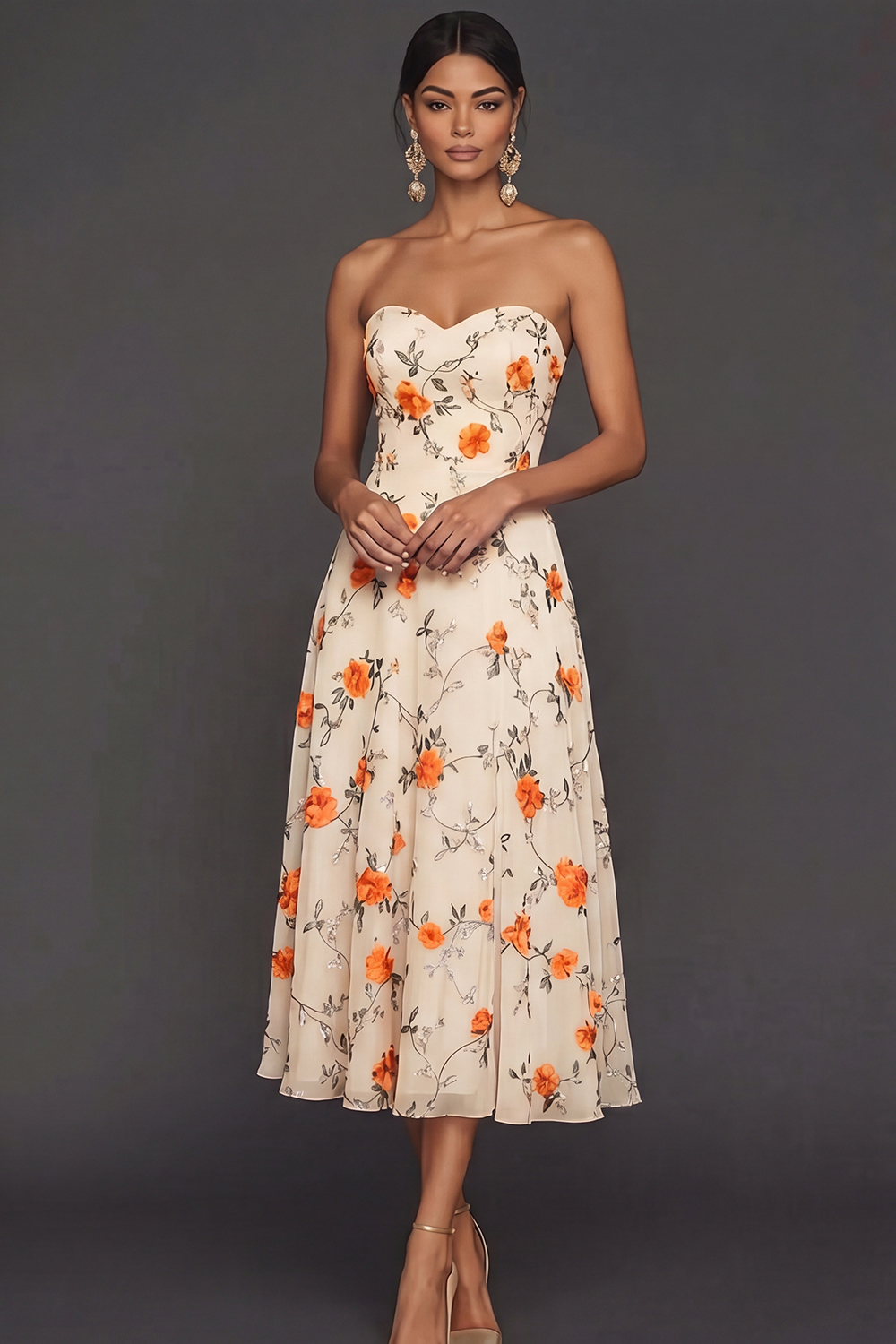 Leely Women Lilac Floral Strapless A Line Long Wedding Guest Dress Backless Sleeveless Prom Dress