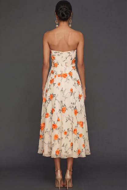 Lilac Floral Strapless A Line Long Wedding Guest Dress