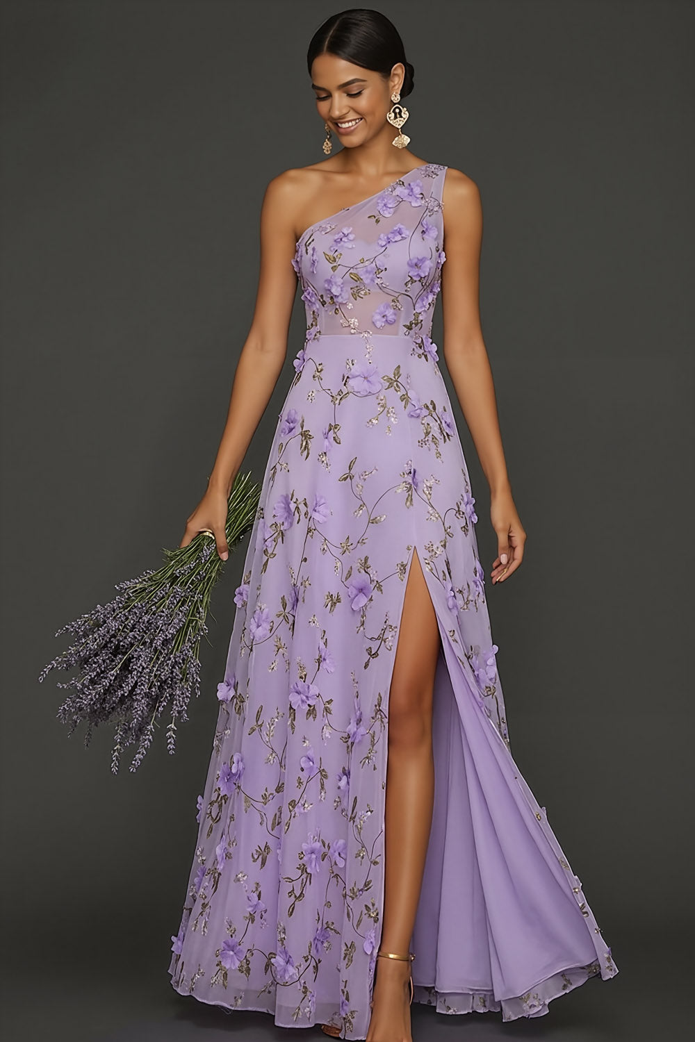 Lilac Floral A Line Appliqued One Shoulder Maxi Formal Dress with Slit
