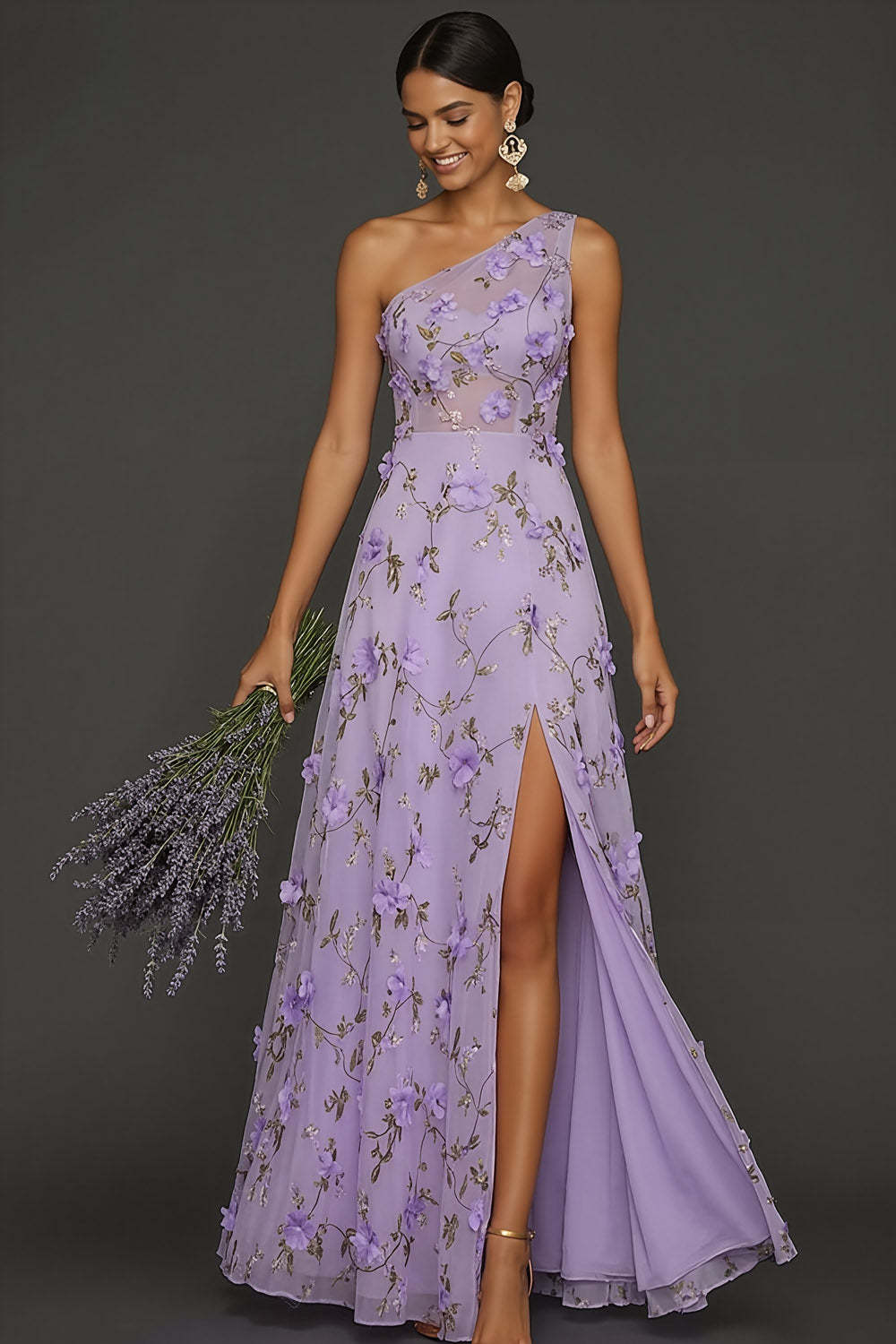 Leely Women Lilac Floral A Line Maxi Formal Dress with Slit Appliqued One Shoulder Sleeveless Wedding Guest Dress