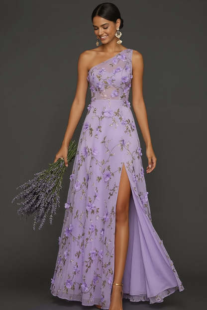 Leely Women Lilac Floral A Line Maxi Formal Dress with Slit Appliqued One Shoulder Sleeveless Wedding Guest Dress