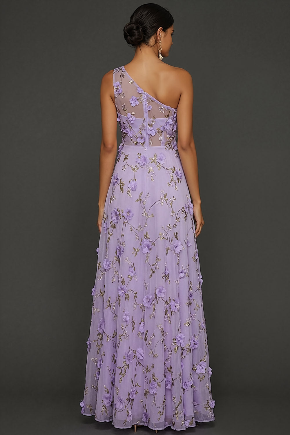 Lilac Floral A Line Appliqued One Shoulder Maxi Formal Dress with Slit