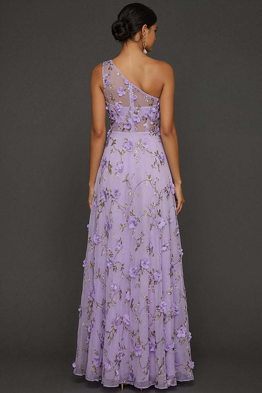 Lilac Floral A Line Appliqued One Shoulder Maxi Formal Dress with Slit