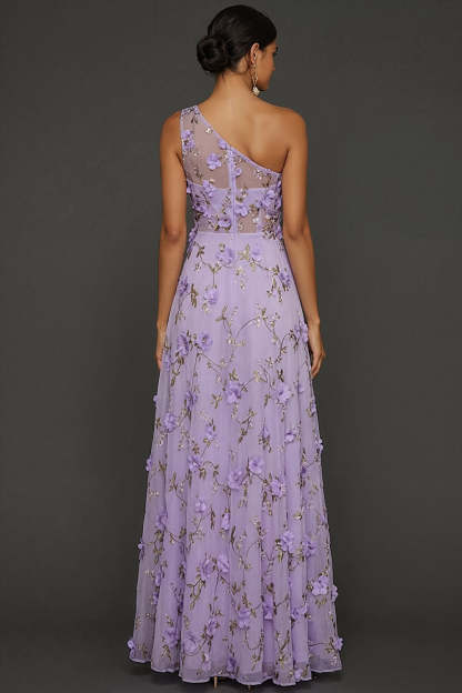 Lilac Floral A Line Appliqued One Shoulder Maxi Formal Dress with Slit