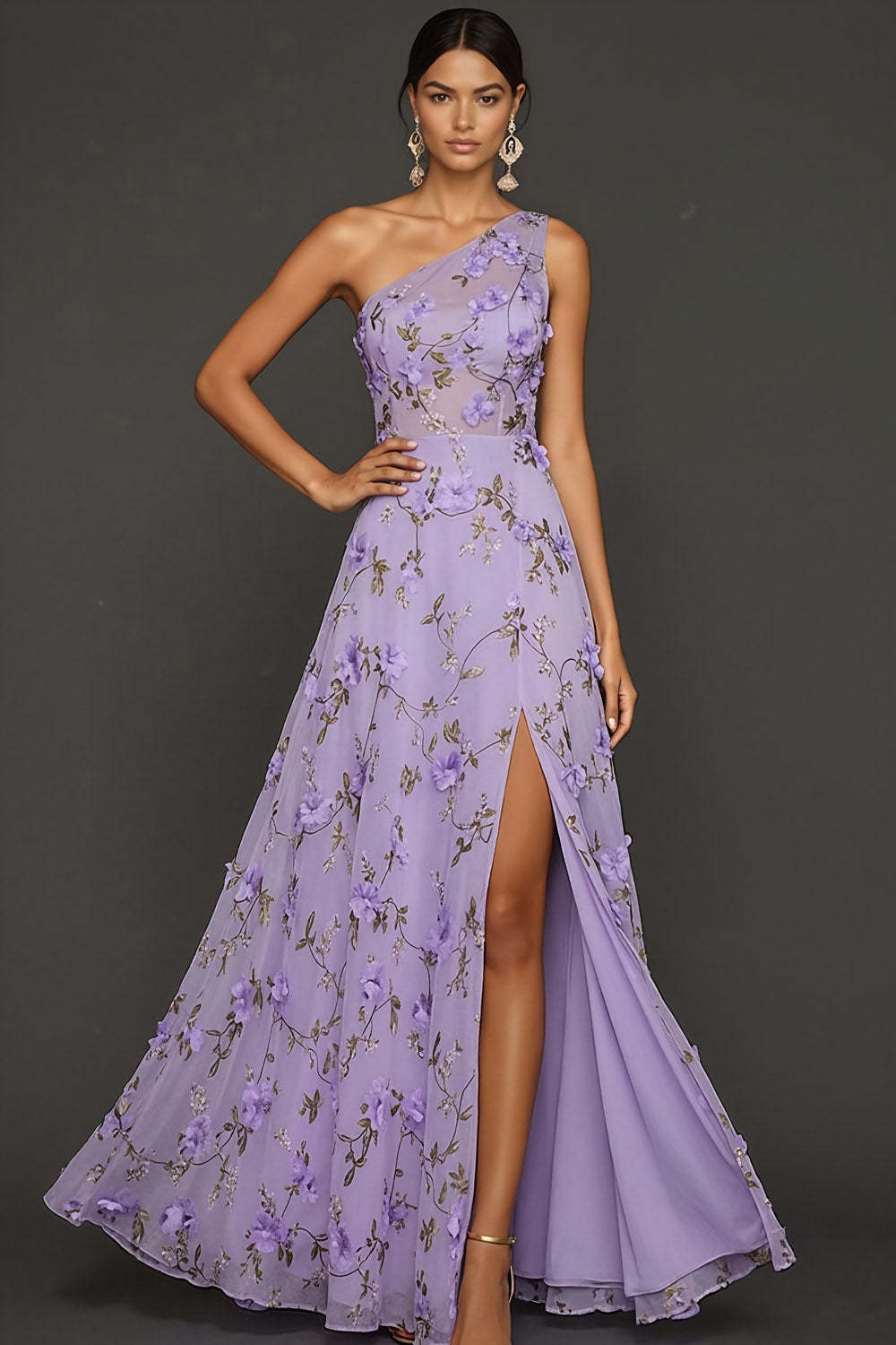 Lilac Floral A Line Appliqued One Shoulder Maxi Formal Dress with Slit