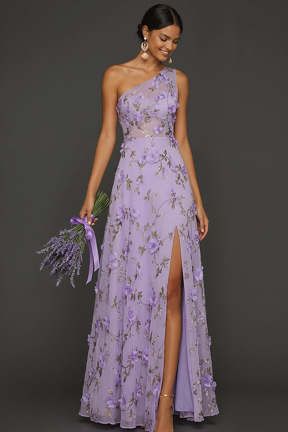 Lilac Floral A Line Appliqued One Shoulder Maxi Formal Dress with Slit