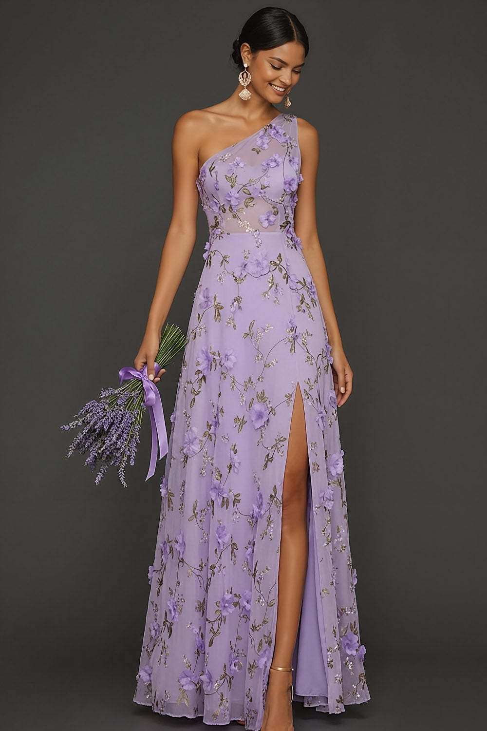 Lilac Floral A Line Appliqued One Shoulder Maxi Formal Dress with Slit