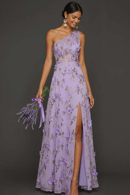 Lilac Floral A Line Appliqued One Shoulder Maxi Formal Dress with Slit