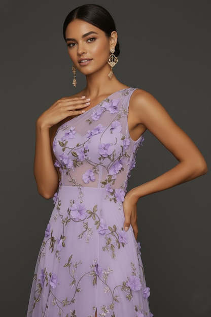 Lilac Floral A Line Appliqued One Shoulder Maxi Formal Dress with Slit