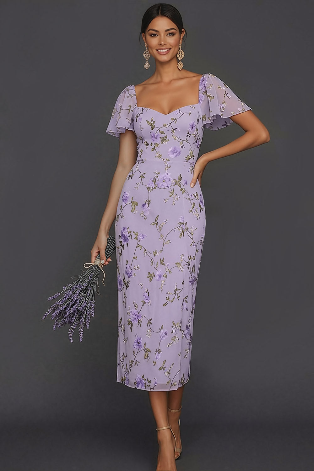 Lilac Mermaid Floral Flutter Sleeves Maxi Wedding Guest Dress with Slit