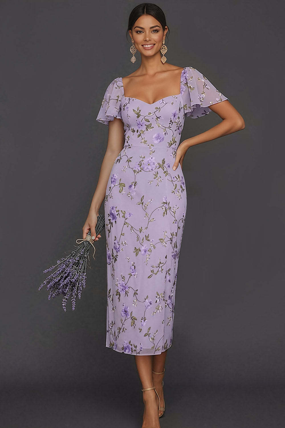 Leely Women Lilac Mermaid Floral Maxi Wedding Guest Dress with Slit Appliqued Flutter Sleeves Backless Formal Dress