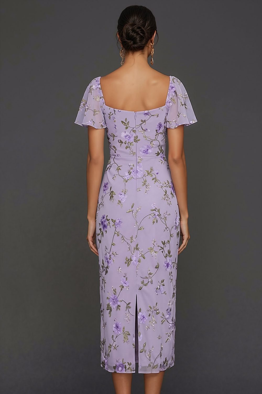 Lilac Mermaid Floral Flutter Sleeves Maxi Wedding Guest Dress with Slit