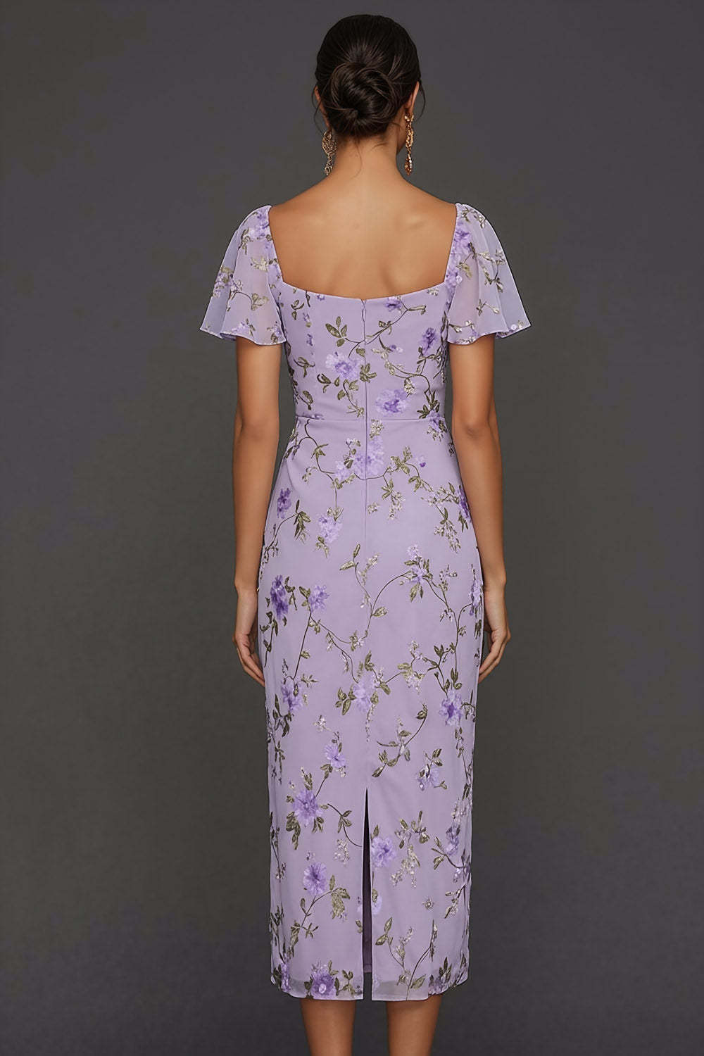 Lilac Mermaid Floral Flutter Sleeves Maxi Wedding Guest Dress with Slit