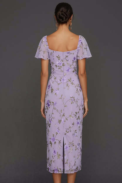 Lilac Mermaid Floral Flutter Sleeves Maxi Wedding Guest Dress with Slit