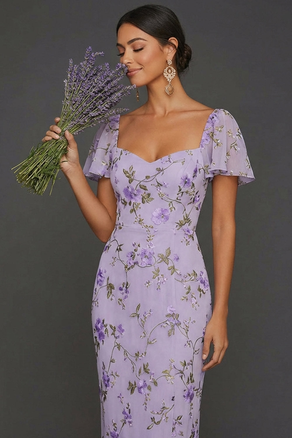 Lilac Mermaid Floral Flutter Sleeves Maxi Wedding Guest Dress with Slit