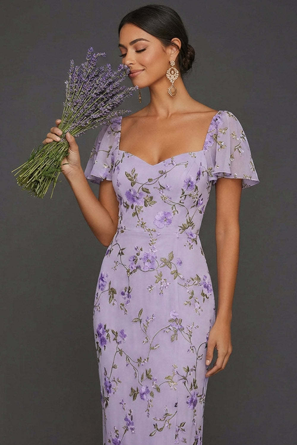 Lilac Mermaid Floral Flutter Sleeves Maxi Wedding Guest Dress with Slit