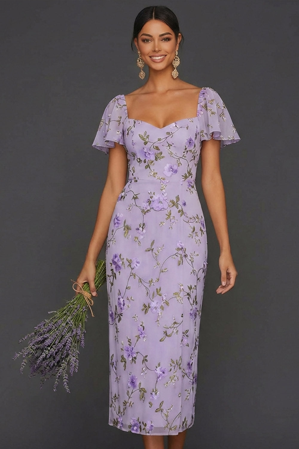 Lilac Mermaid Floral Flutter Sleeves Maxi Wedding Guest Dress with Slit