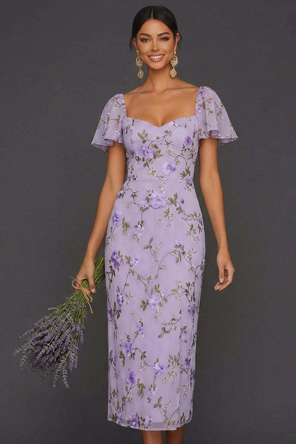 Lilac Mermaid Floral Flutter Sleeves Maxi Wedding Guest Dress with Slit