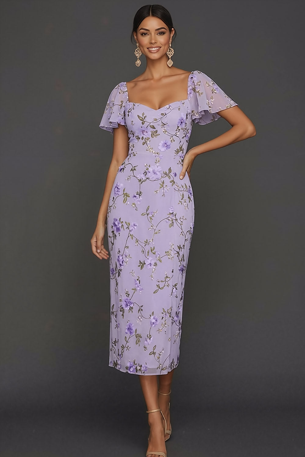 Lilac Mermaid Floral Flutter Sleeves Maxi Wedding Guest Dress with Slit