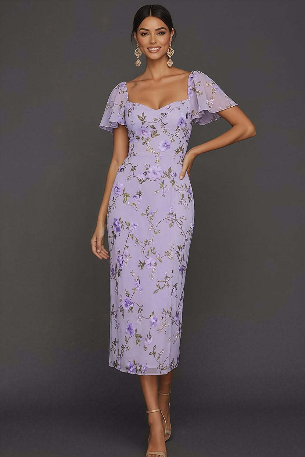 Lilac Mermaid Floral Flutter Sleeves Maxi Wedding Guest Dress with Slit