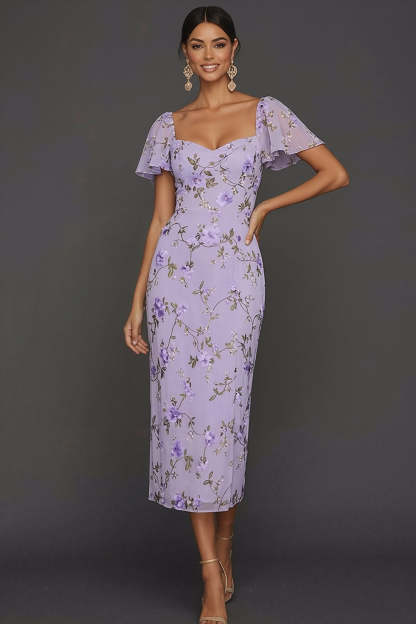 Lilac Mermaid Floral Flutter Sleeves Maxi Wedding Guest Dress with Slit