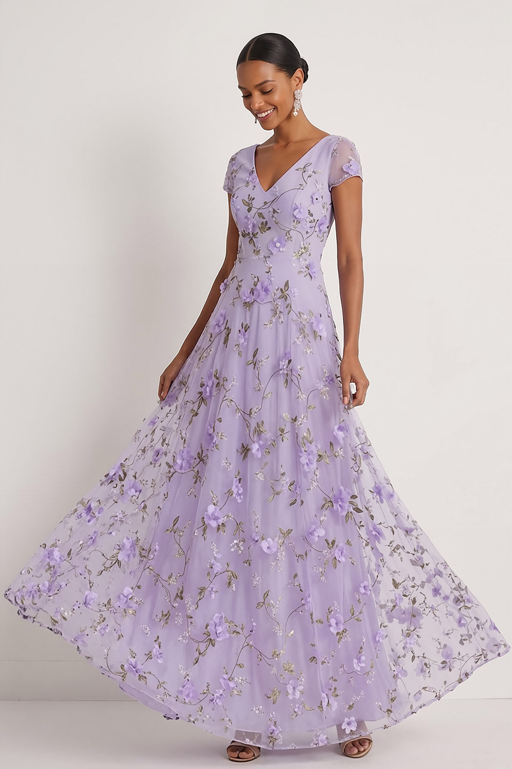 Lilac A Line Floral V Neck Long Wedding Guest Dress with Sleeves