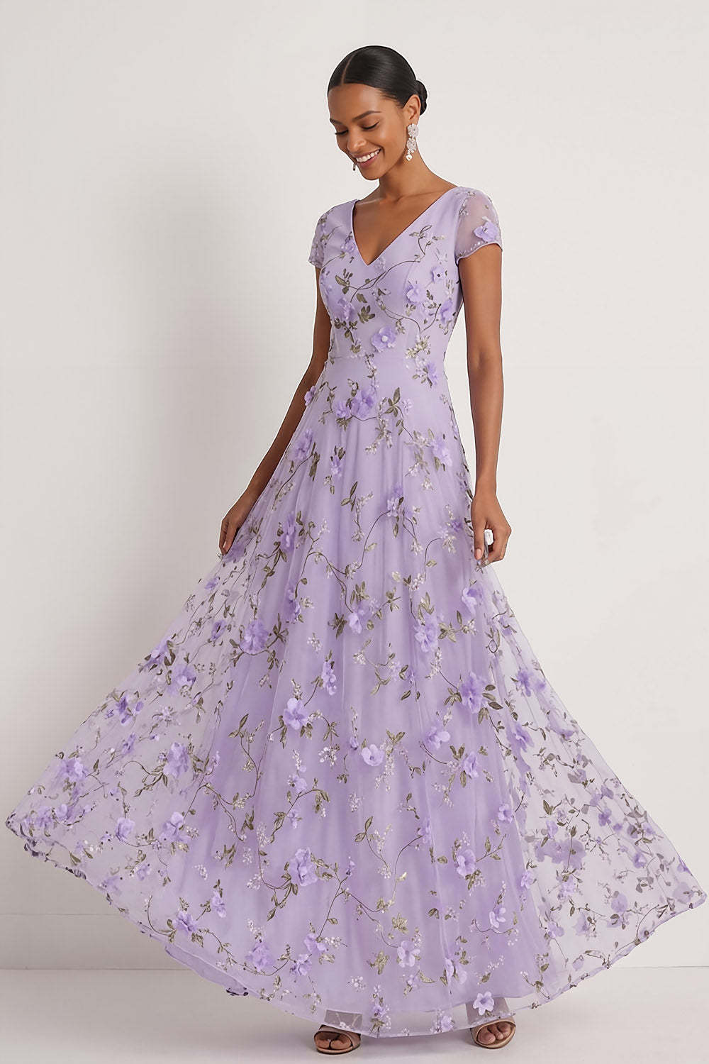 Lilac A Line Floral V Neck Long Wedding Guest Dress with Sleeves