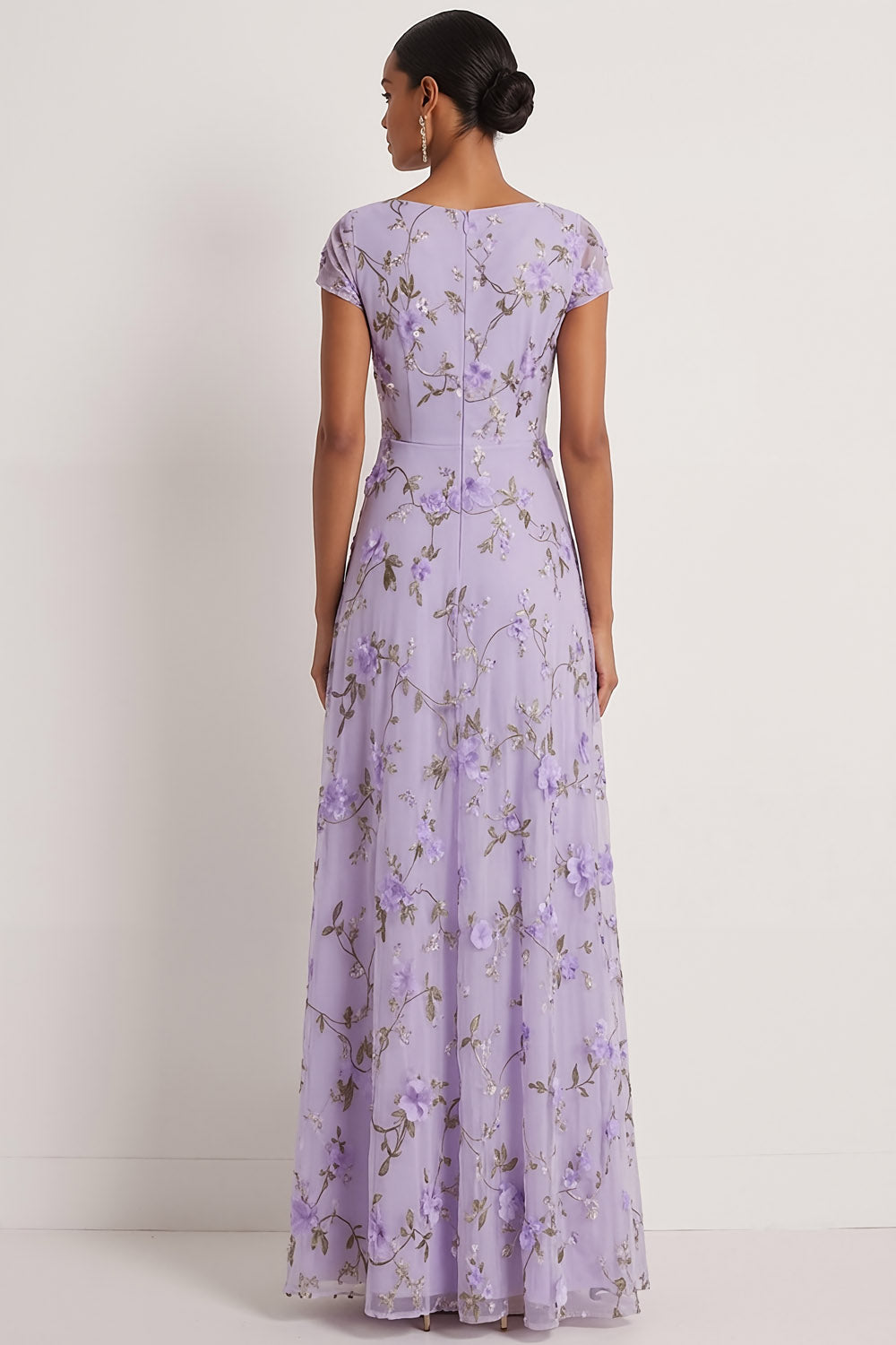 Lilac A Line Floral V Neck Long Wedding Guest Dress with Sleeves