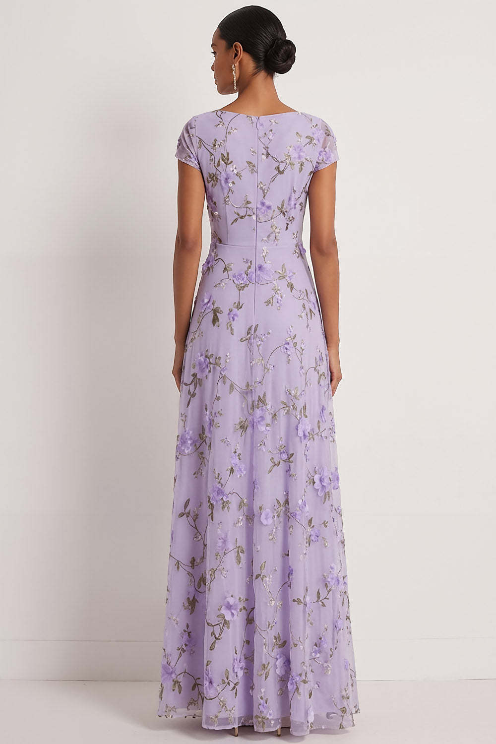 Lilac A Line Floral V Neck Long Wedding Guest Dress with Sleeves