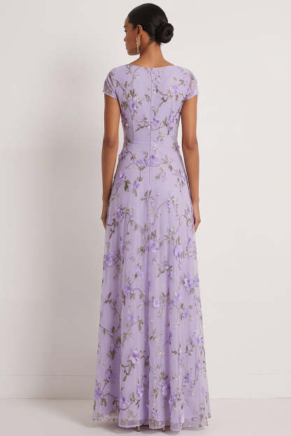 Lilac A Line Floral V Neck Long Wedding Guest Dress with Sleeves