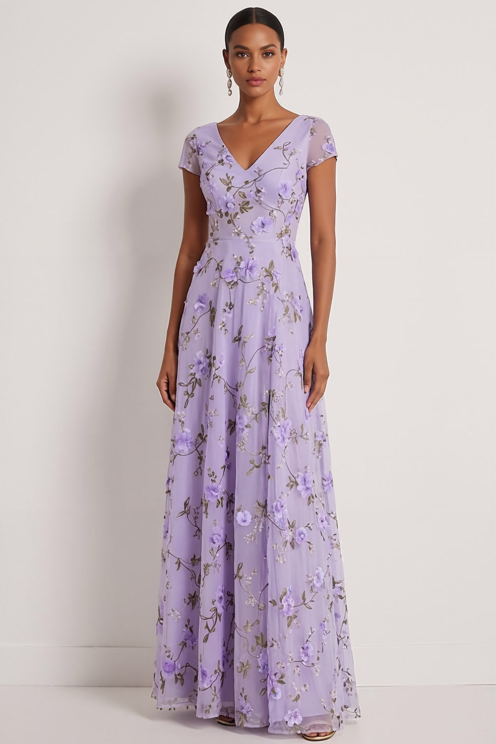 Leely Women Lilac A Line Floral Long Wedding Guest Dress with Short Sleeves Appliqued V Neck Formal Dress