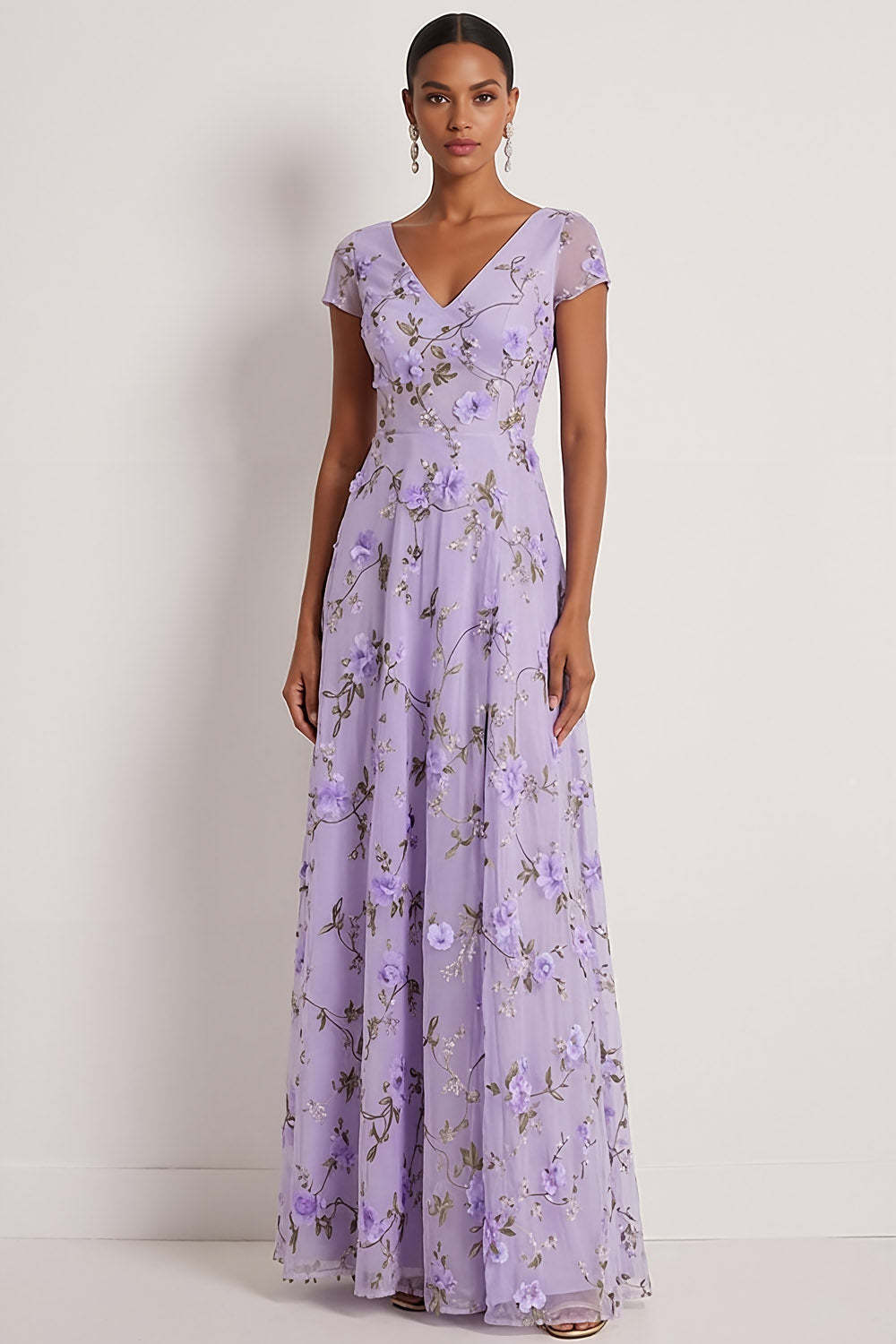 Leely Women Lilac A Line Floral Long Wedding Guest Dress with Short Sleeves Appliqued V Neck Formal Dress
