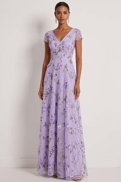 Leely Women Lilac A Line Floral Long Wedding Guest Dress with Short Sleeves Appliqued V Neck Formal Dress
