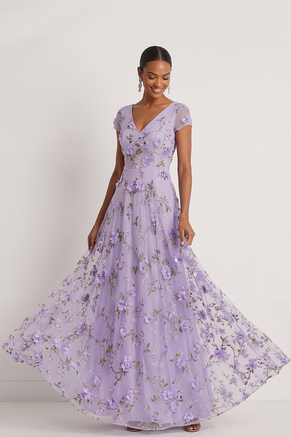 Lilac A Line Floral V Neck Long Wedding Guest Dress with Sleeves