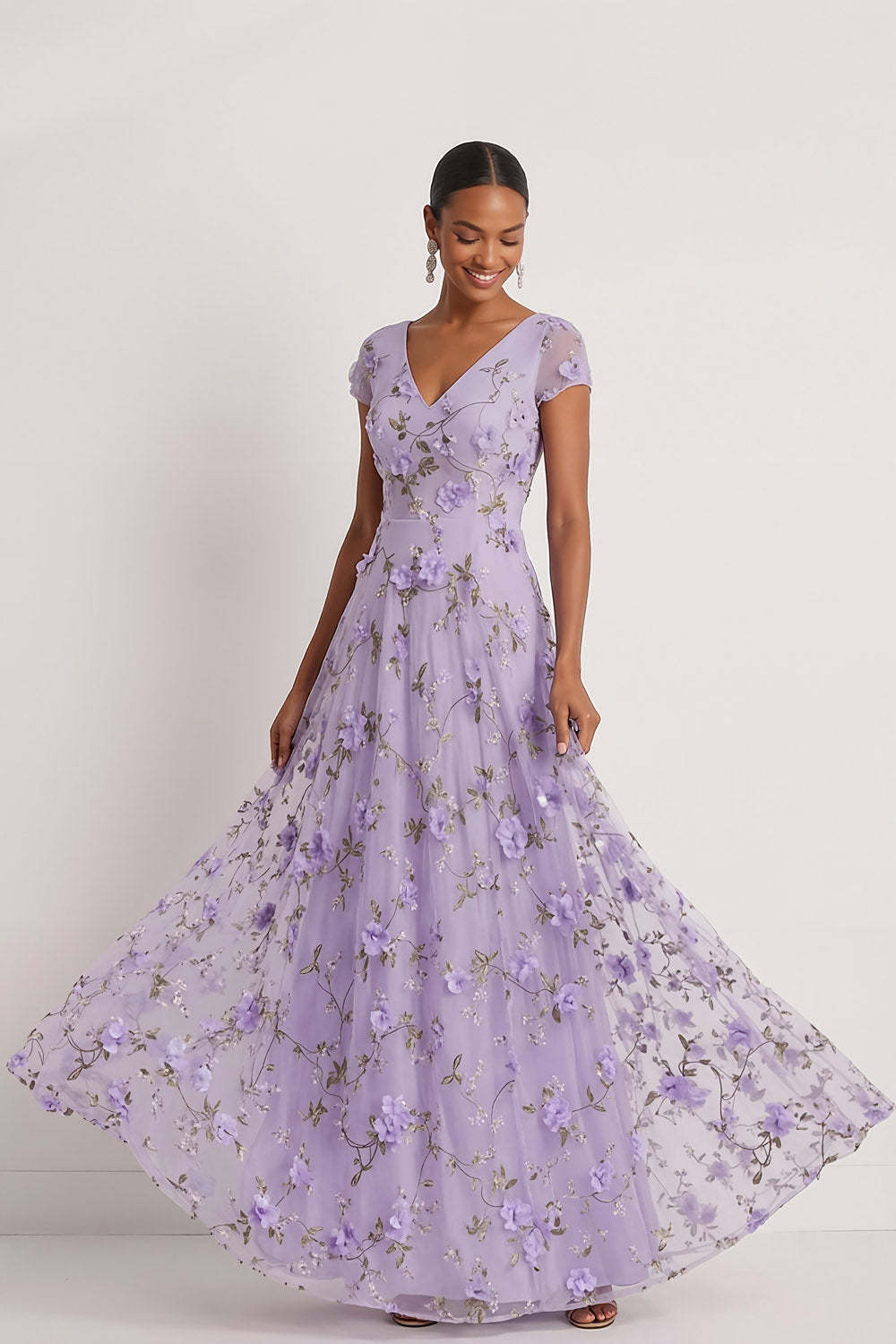 Lilac A Line Floral V Neck Long Wedding Guest Dress with Sleeves