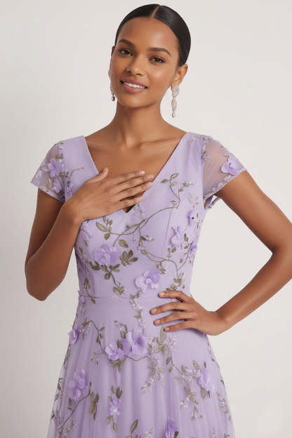 Lilac A Line Floral V Neck Long Wedding Guest Dress with Sleeves