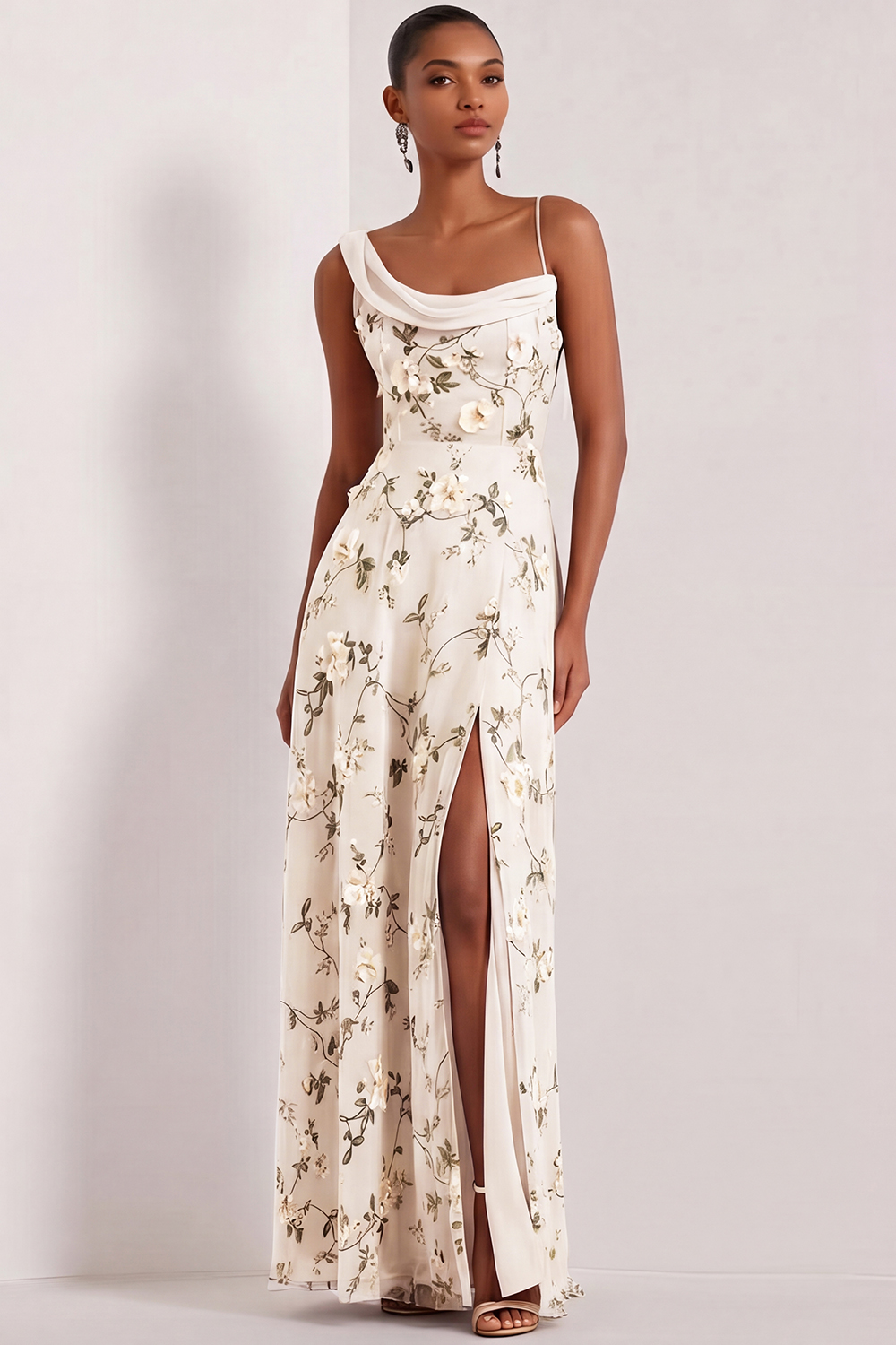 Floral Lilac Asymmetrical Neck Corset Bridesmaid Dress with Slit