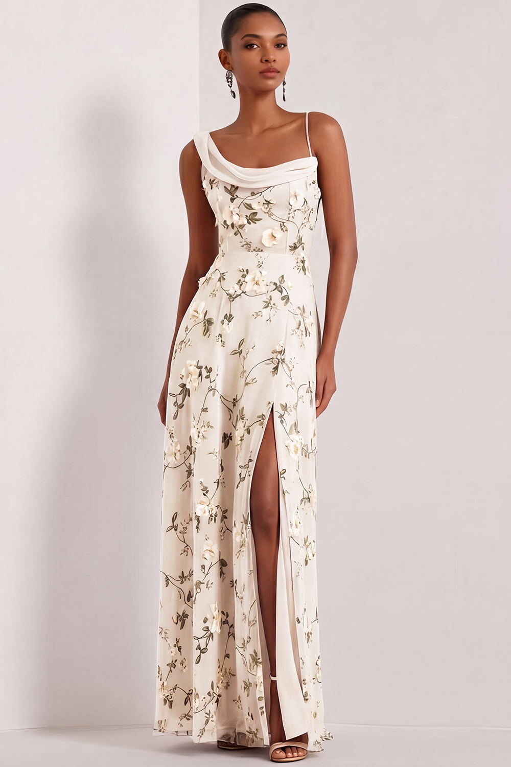 Floral Lilac Asymmetrical Neck Corset Bridesmaid Dress with Slit