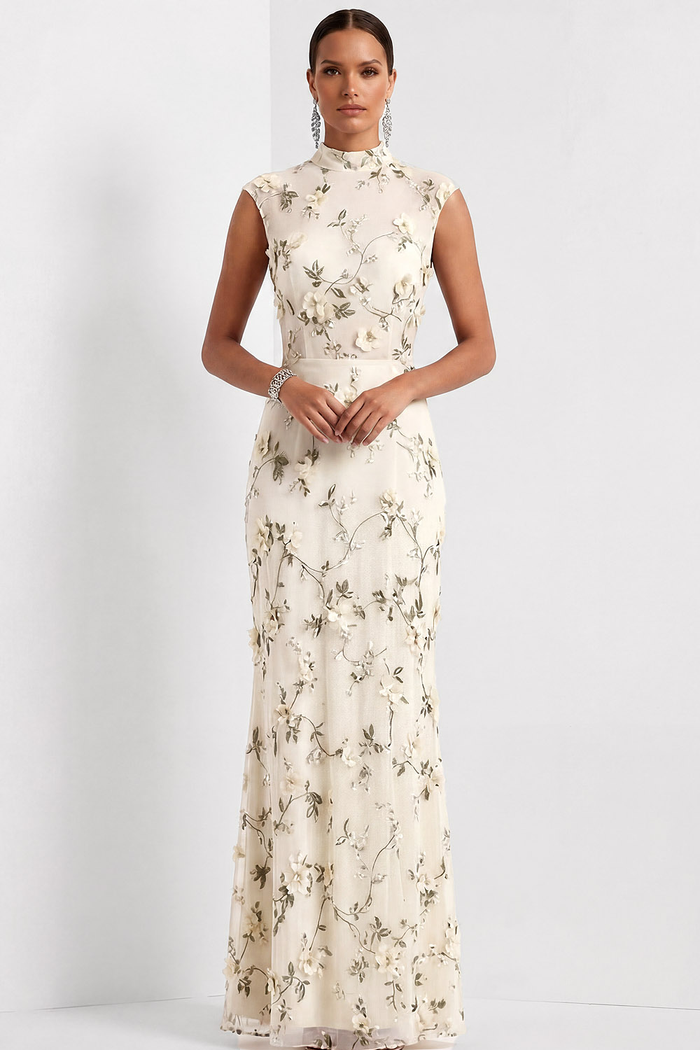 Lilac Mermaid Floral Appliqued High Neck Long Wedding Guest Dress