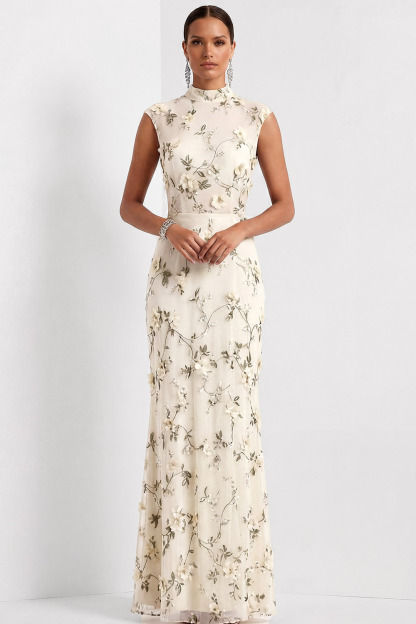 Lilac Mermaid Floral Appliqued High Neck Long Wedding Guest Dress