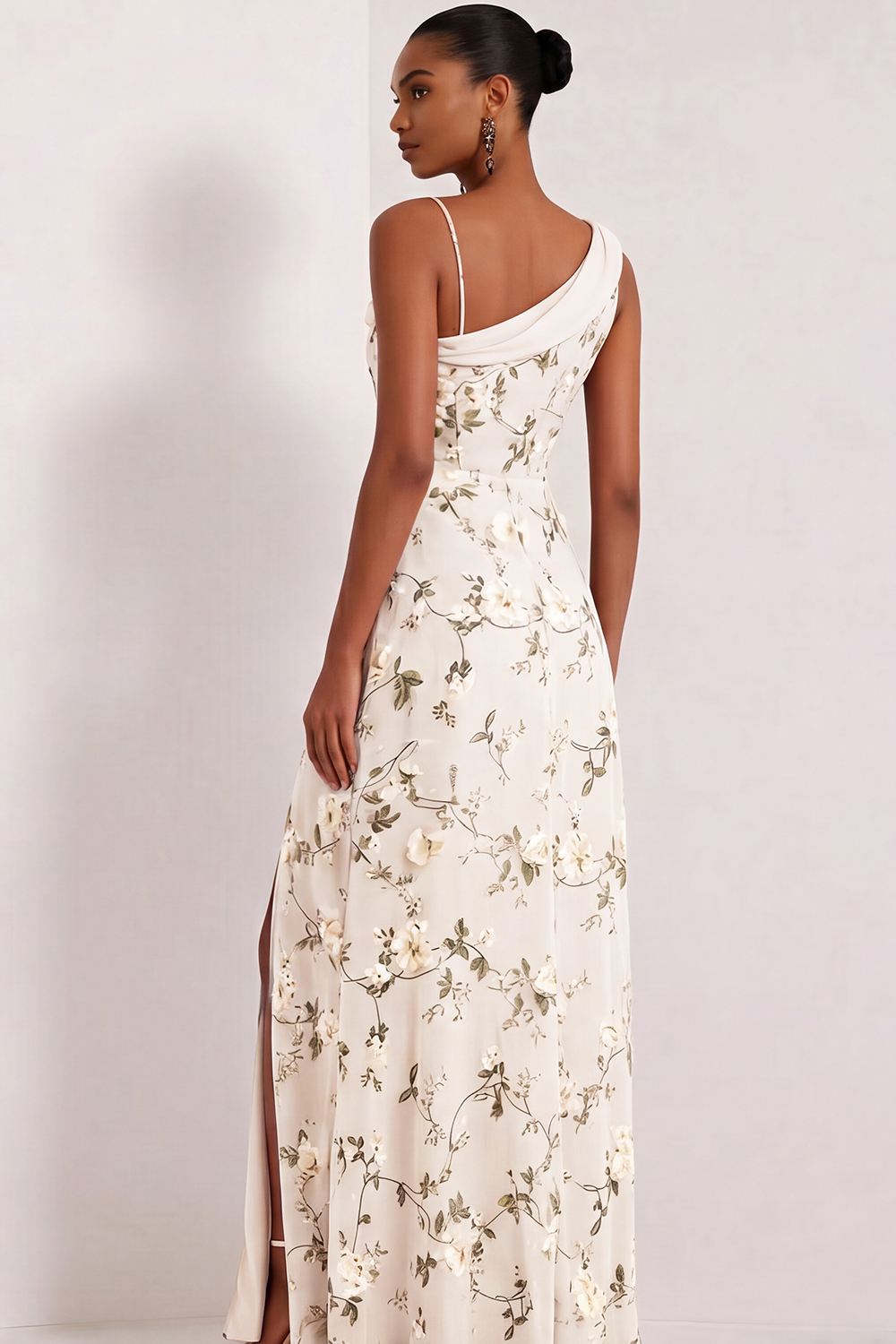 Floral Lilac Asymmetrical Neck Corset Bridesmaid Dress with Slit