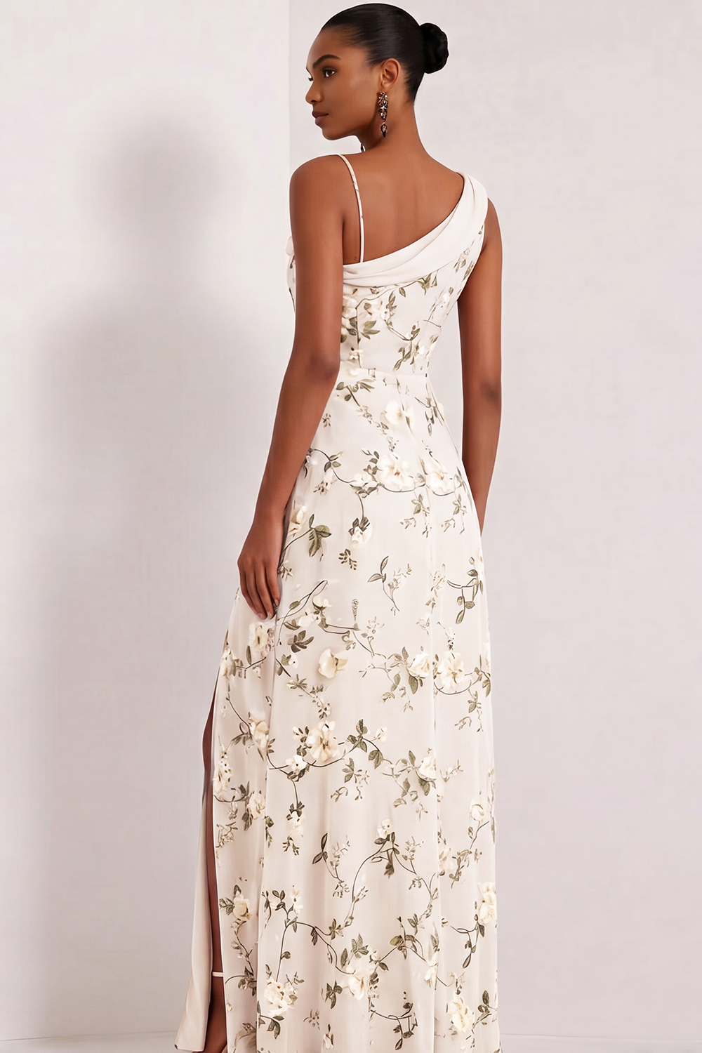 Floral Lilac Asymmetrical Neck Corset Bridesmaid Dress with Slit